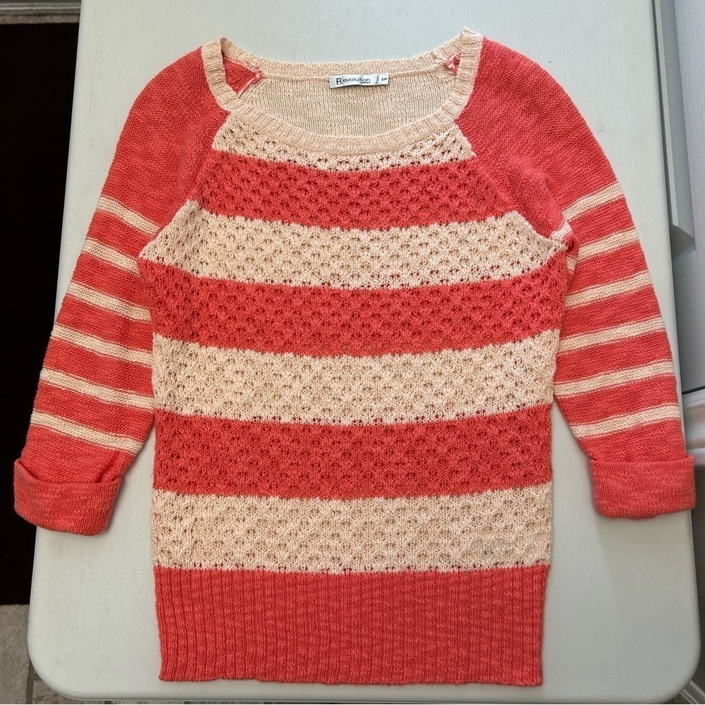 Ricki’s Sweater Lightweight Cotton Open Weave Coral Orange Stripes Size Small - Picture 12 of 15